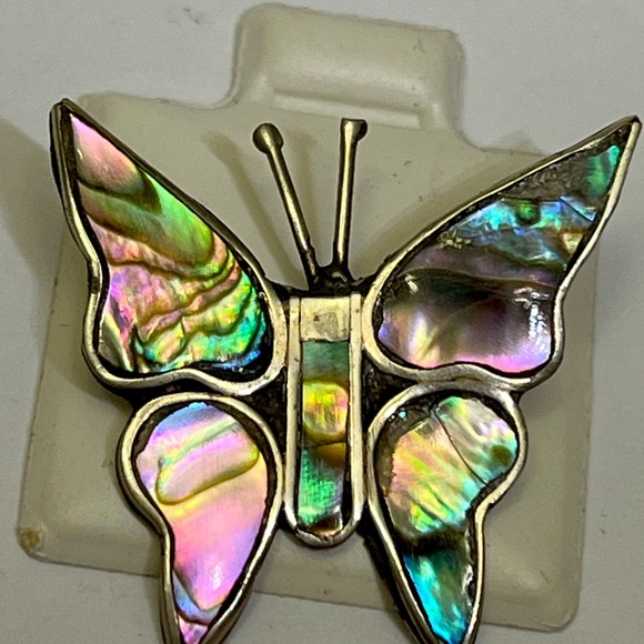 Vintage Mexican Butterfly Brooch Abalone Shell Wings Inlay  Alpaca Silver 1-1/8" - Picture 2 of 4